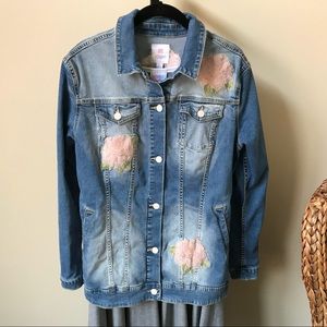 LulaRoe Jaxon. Medium Blue Wash, Pink Roses